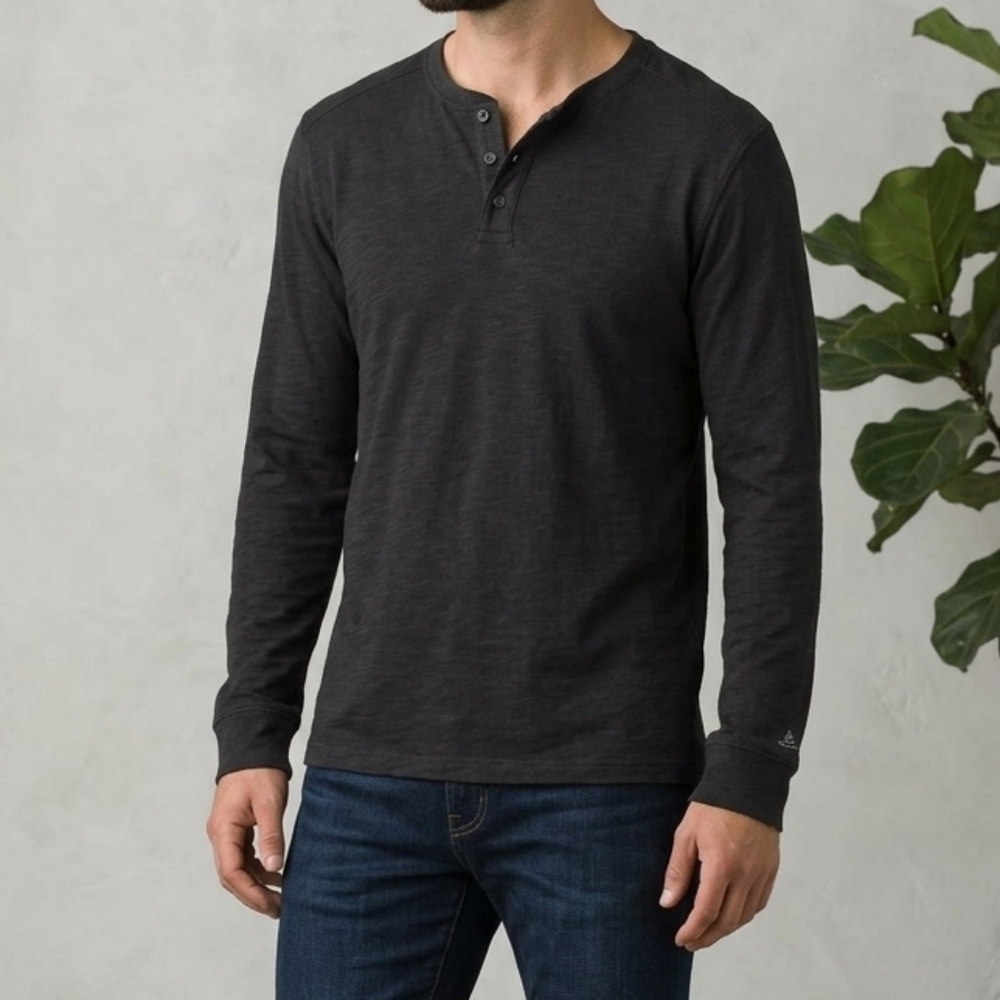 prAna Men’s Organic Cotton Henley Long Sleeve Shirt - Charcoal - Medium